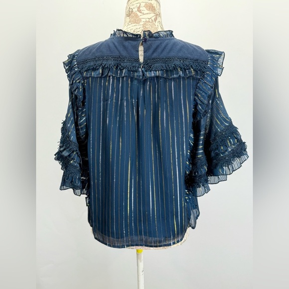 MISA LOS ANGELES Navy blue with gold stripe ruffle accent blouse size M - Picture 4 of 13